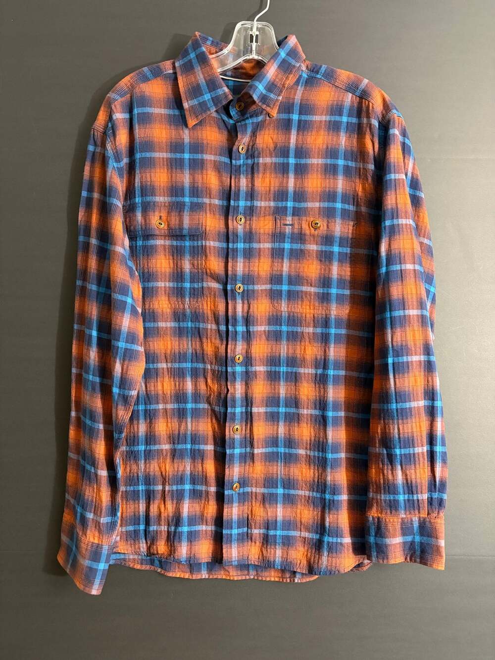 Orvis Mens Active Fit Orange Blue Plaid Long Sleeve Button Down Shirt
